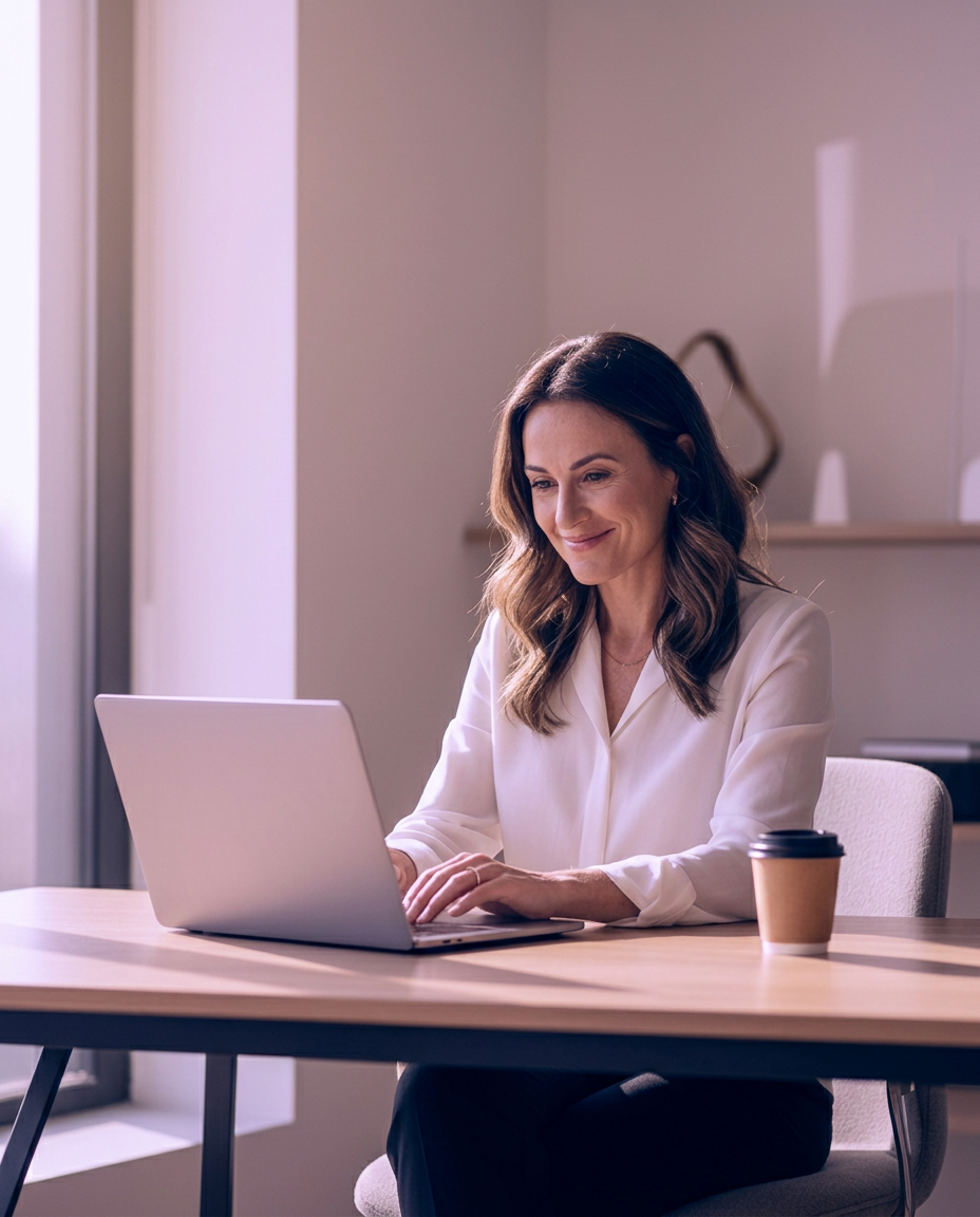 Woman entrepreneur building her business with AI-powered visibility systems